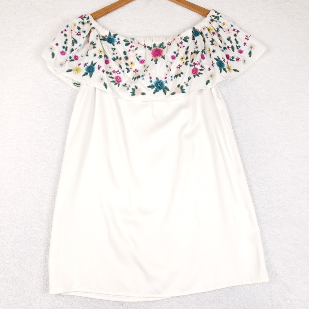 SUGAR LIPS Off Shoulder Dress Small White Floral Embroidered Mini Boho Summer